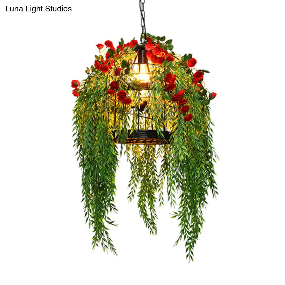 Black Factory Birdcage Pendant Ceiling Light With Artistic Cascading Plant Design