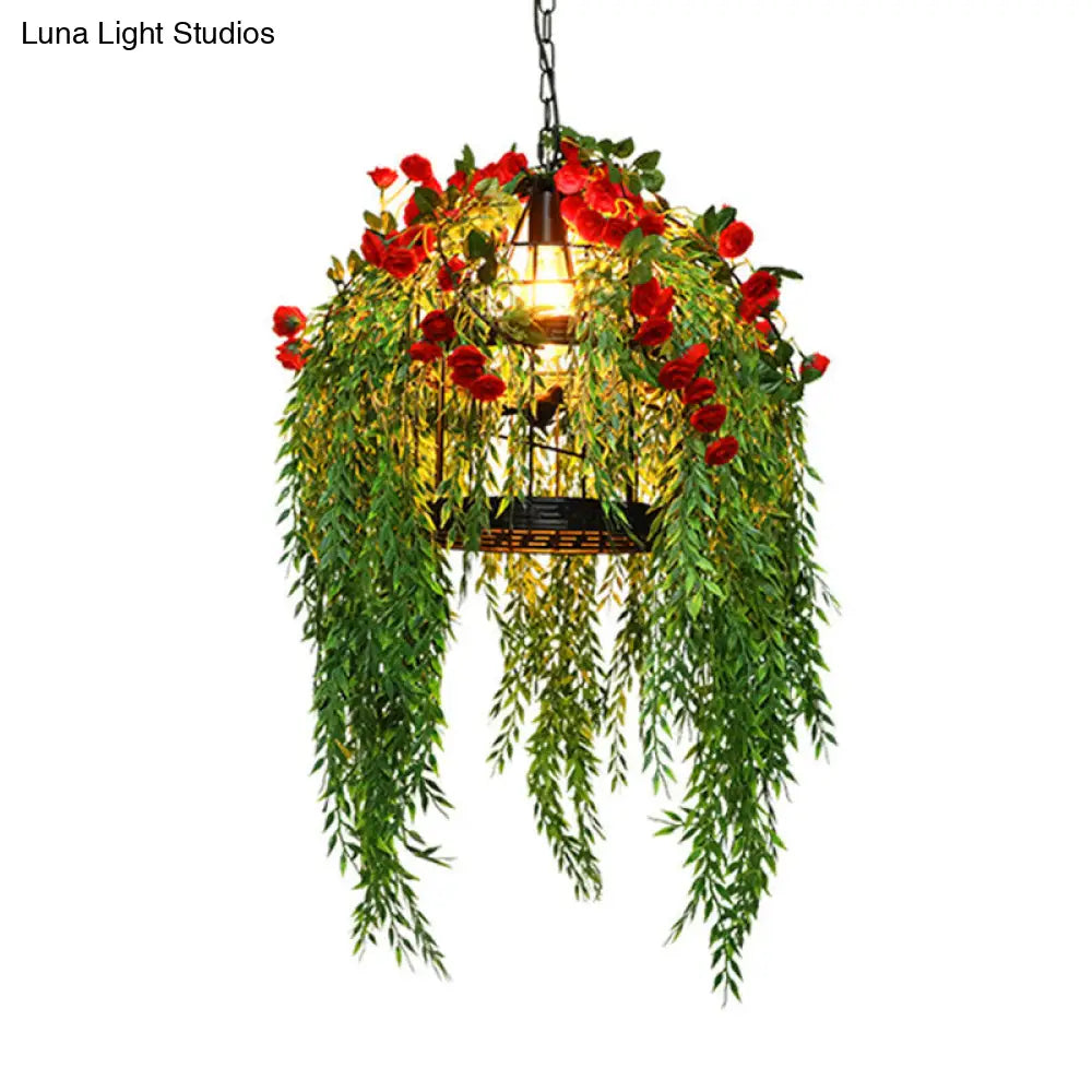 Black Birdcage Pendant Ceiling Light With Cascading Art Plant - 1-Light Metallic Hanging Lighting