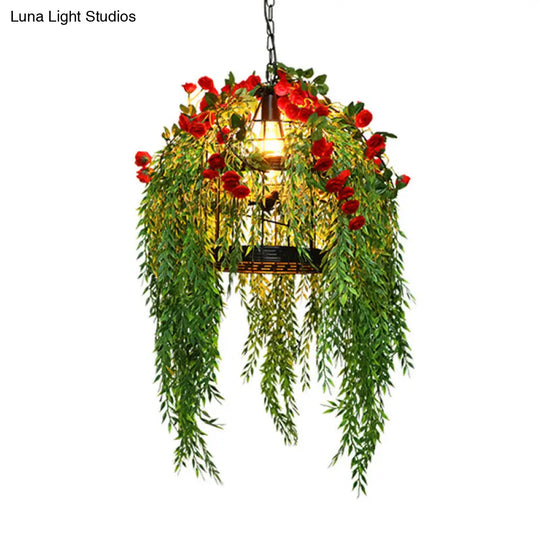Black Birdcage Pendant Ceiling Light With Cascading Art Plant - 1-Light Metallic Hanging Lighting
