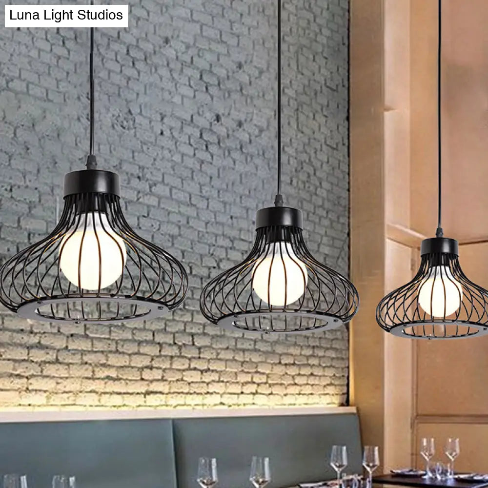 Black Farmhouse 3-Light Bowl Pendant With Wire Cage Shade - Restaurant Hanging Light Fixture
