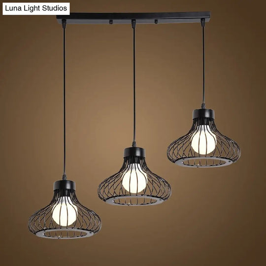 Black Farmhouse 3-Light Bowl Pendant With Wire Cage Shade - Restaurant Hanging Light Fixture