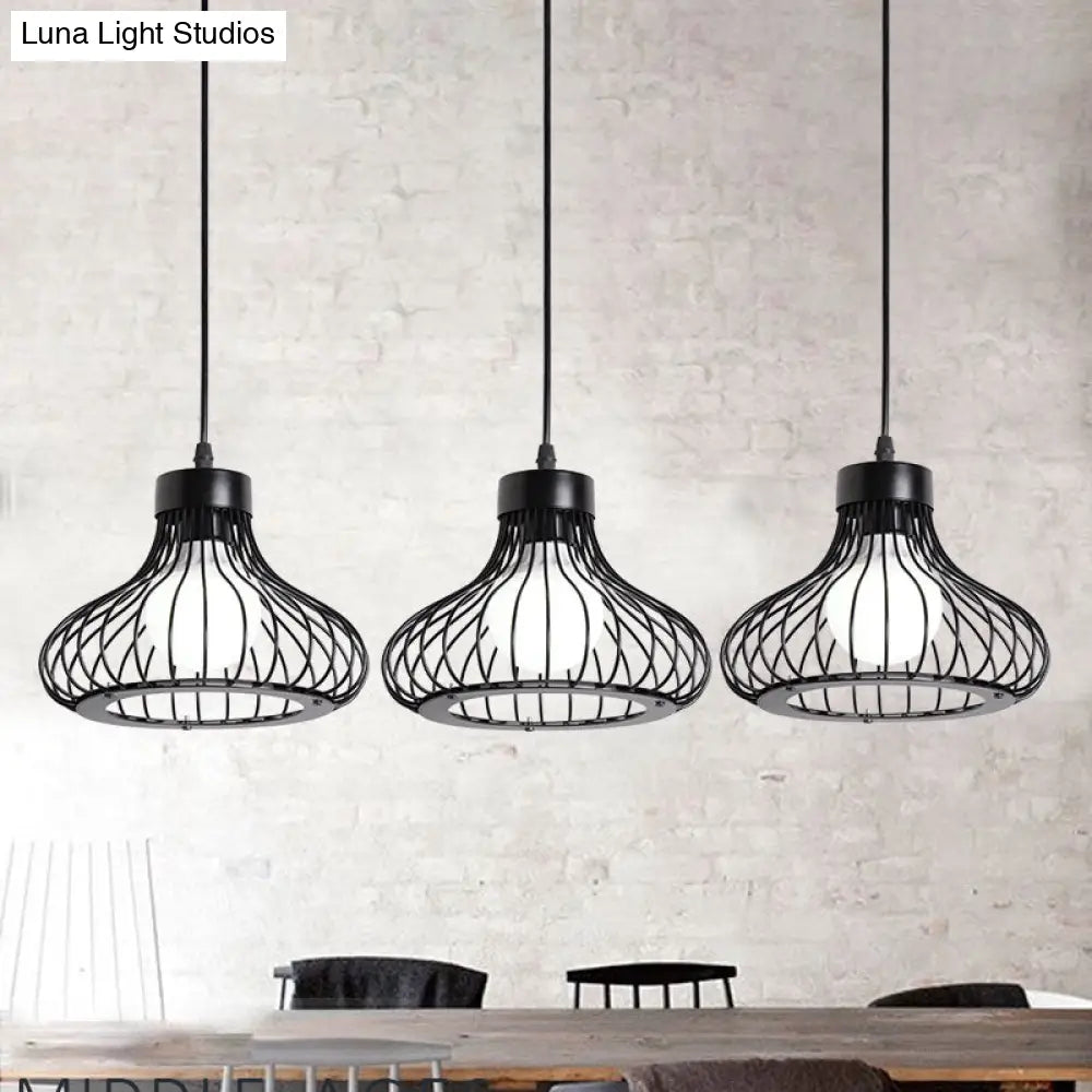 Black Metal Bowl Pendant Light With Wire Cage Shade - 3-Light Farmhouse Restaurant Fixture