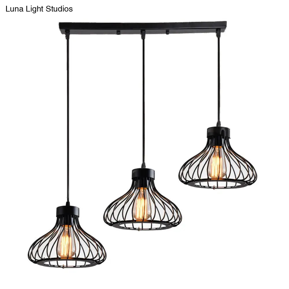 Black Metal Bowl Pendant Light With Wire Cage Shade - 3-Light Farmhouse Restaurant Fixture