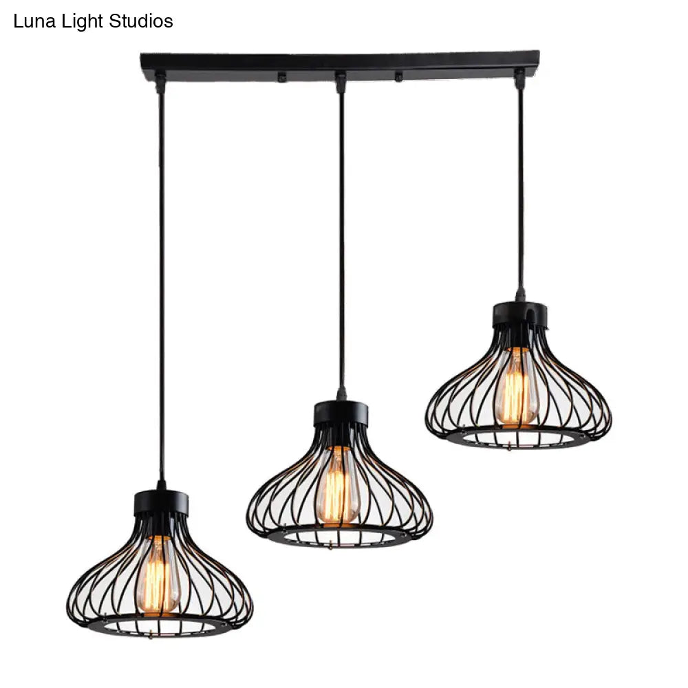 Black Farmhouse 3-Light Bowl Pendant With Wire Cage Shade - Restaurant Hanging Light Fixture