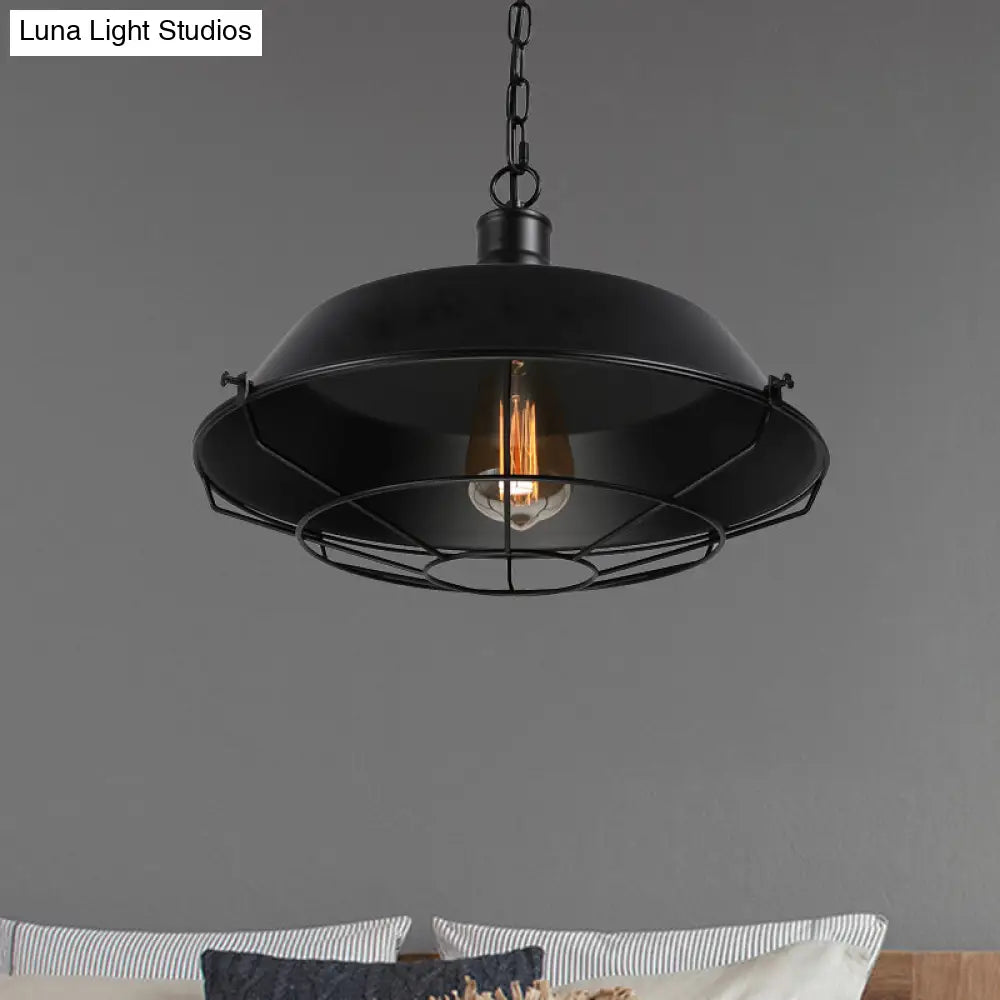 Farmhouse Barn Ceiling Light Fixture With Cage Shade - Metallic Pendant Lamp In Black (1 Bulb