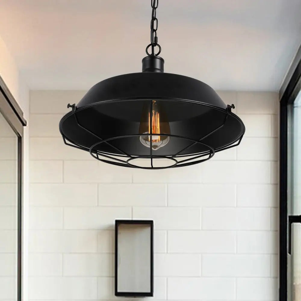 Black Farmhouse Barn Ceiling Light: Stylish Cage Shade Pendant Lamp (1 Bulb) - 10’/14’/18’