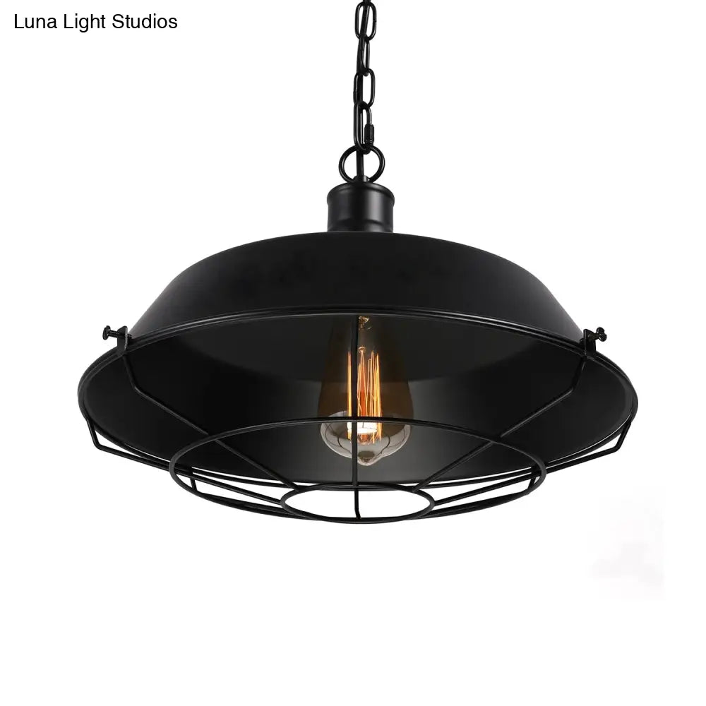 Farmhouse Barn Ceiling Light Fixture With Cage Shade - Metallic Pendant Lamp In Black (1 Bulb