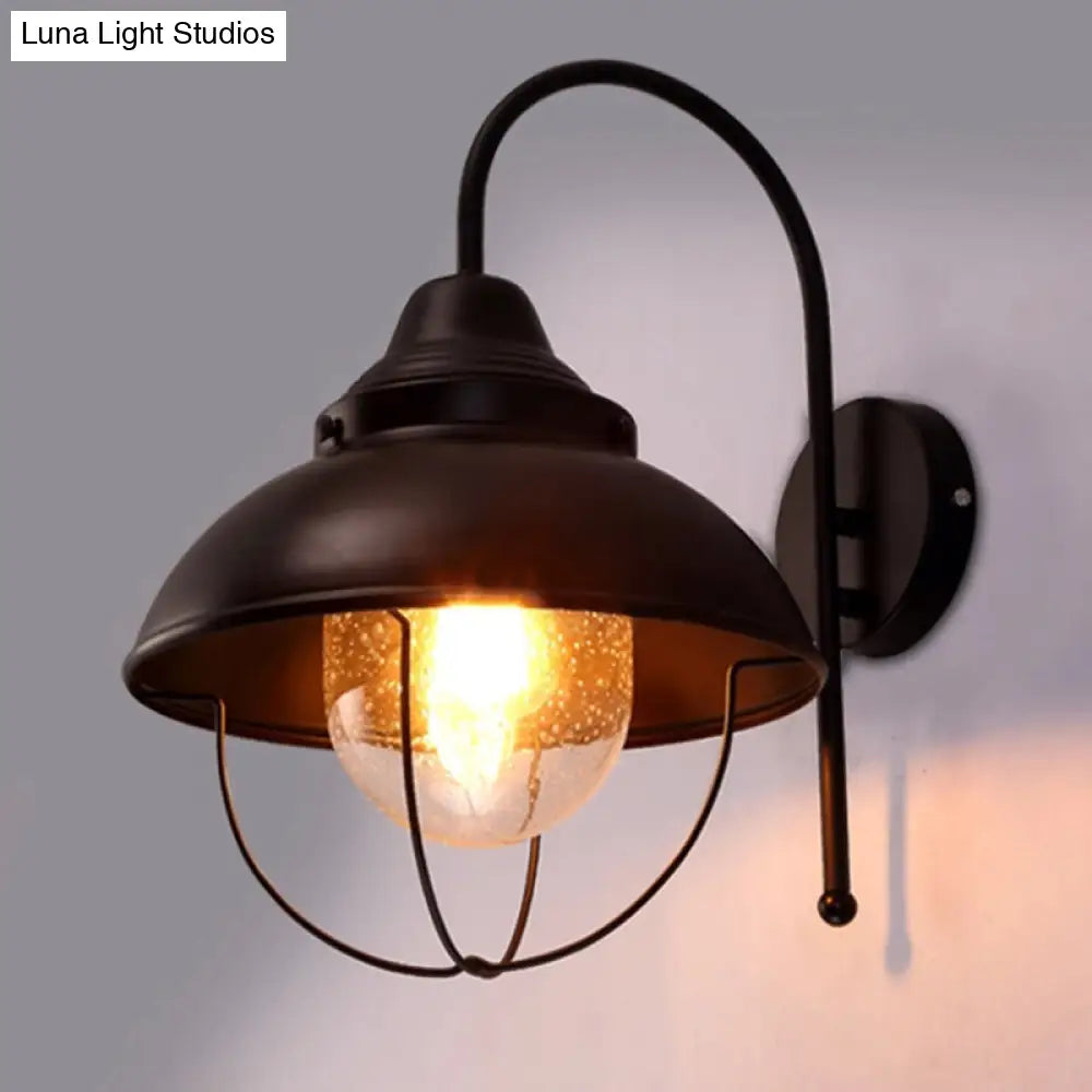 Black Farmhouse Dome Wall Light Fixture With Cage - Seeded Glass Shade 1 Metal Sconce