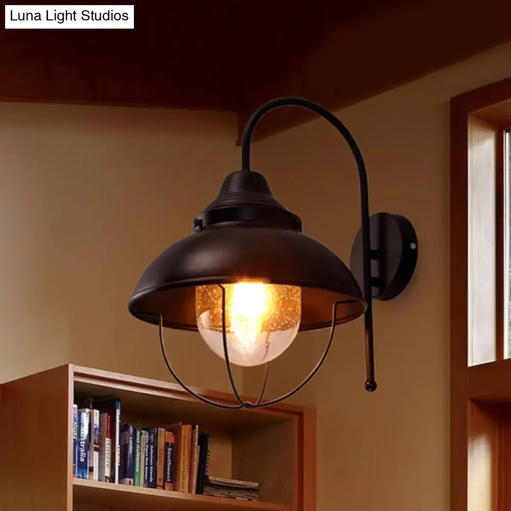 Black Farmhouse Dome Wall Light Fixture With Cage - Seeded Glass Shade 1 Metal Sconce