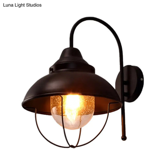 Black Farmhouse Dome Wall Light Fixture With Cage - Seeded Glass Shade 1 Metal Sconce