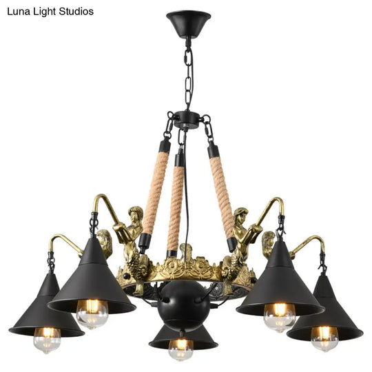 Black Metal Farm Conical Pendant Chandelier With Mermaid Arm For Living Room