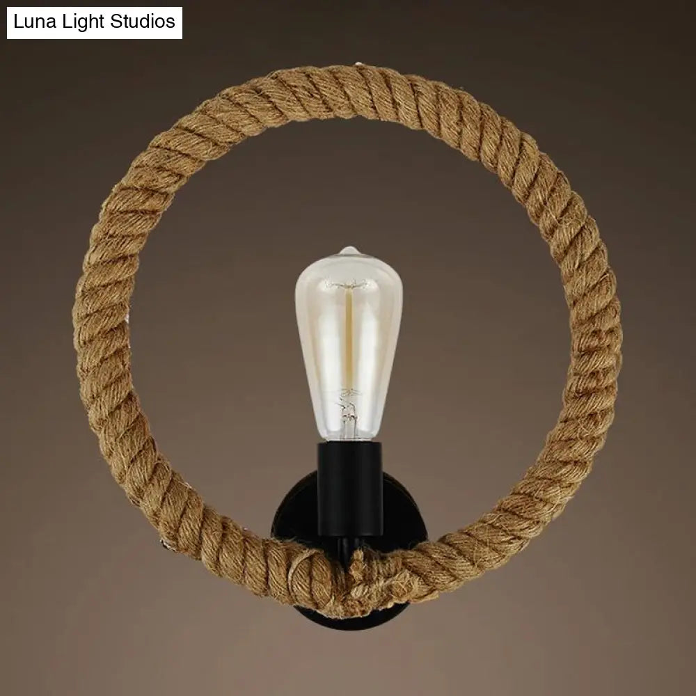 Black Farmhouse Roped Ring Wall Sconce With Open Bulb 1 Light Hallway Lamp