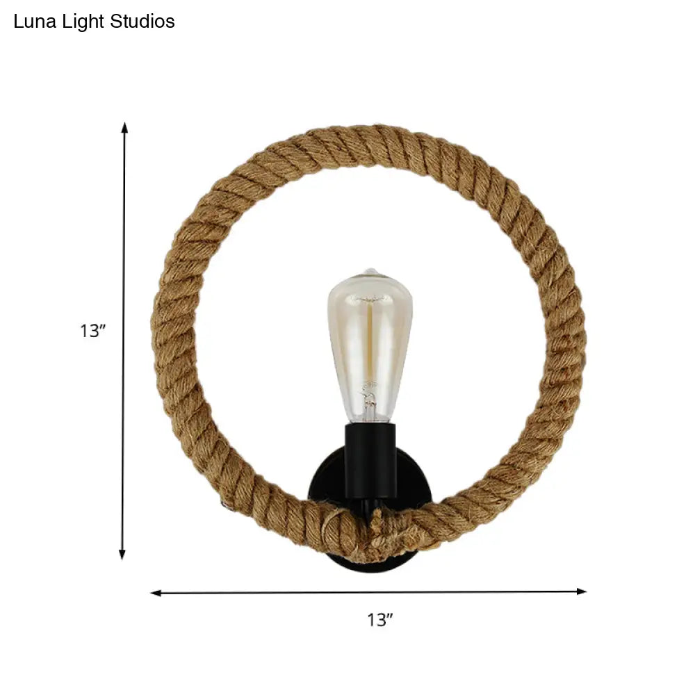 Black Farmhouse Roped Ring Wall Sconce With Open Bulb 1 Light Hallway Lamp