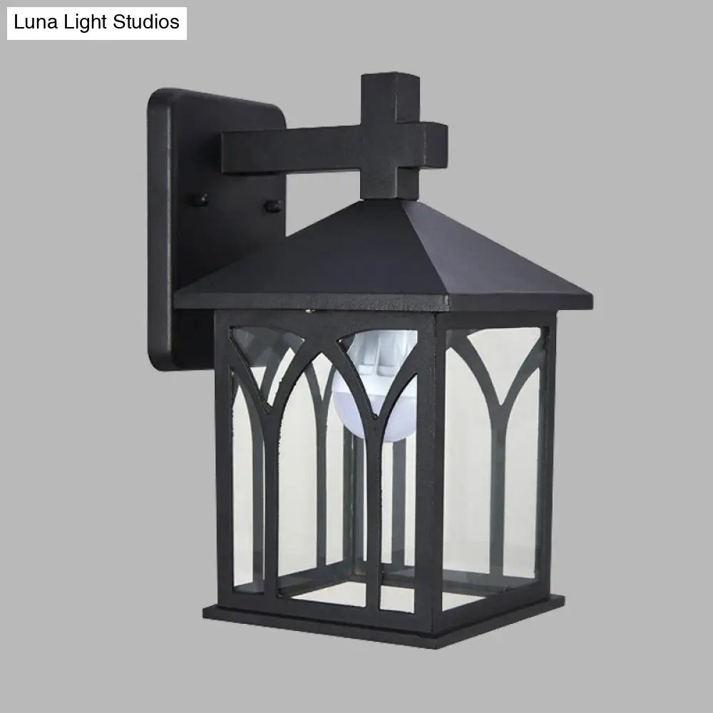 Black Farmhouse Wall Sconce With Clear Glass And Open Bottom - 1 Bulb Cuboid Mount Light