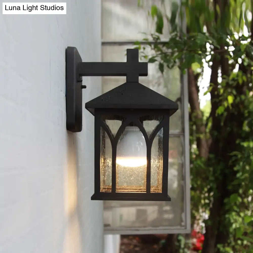 Black Farmhouse Wall Sconce With Clear Glass And Open Bottom - 1 Bulb Cuboid Mount Light