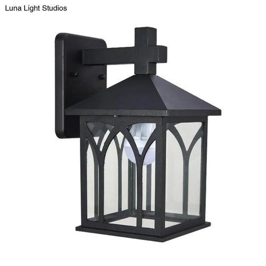 Black Farmhouse Wall Sconce With Clear Glass And Open Bottom - 1 Bulb Cuboid Mount Light