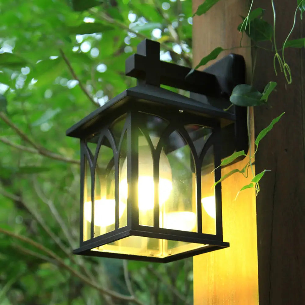 Black Farmhouse Wall Sconce With Clear Glass And Open Bottom - 1 Bulb Cuboid Mount Light