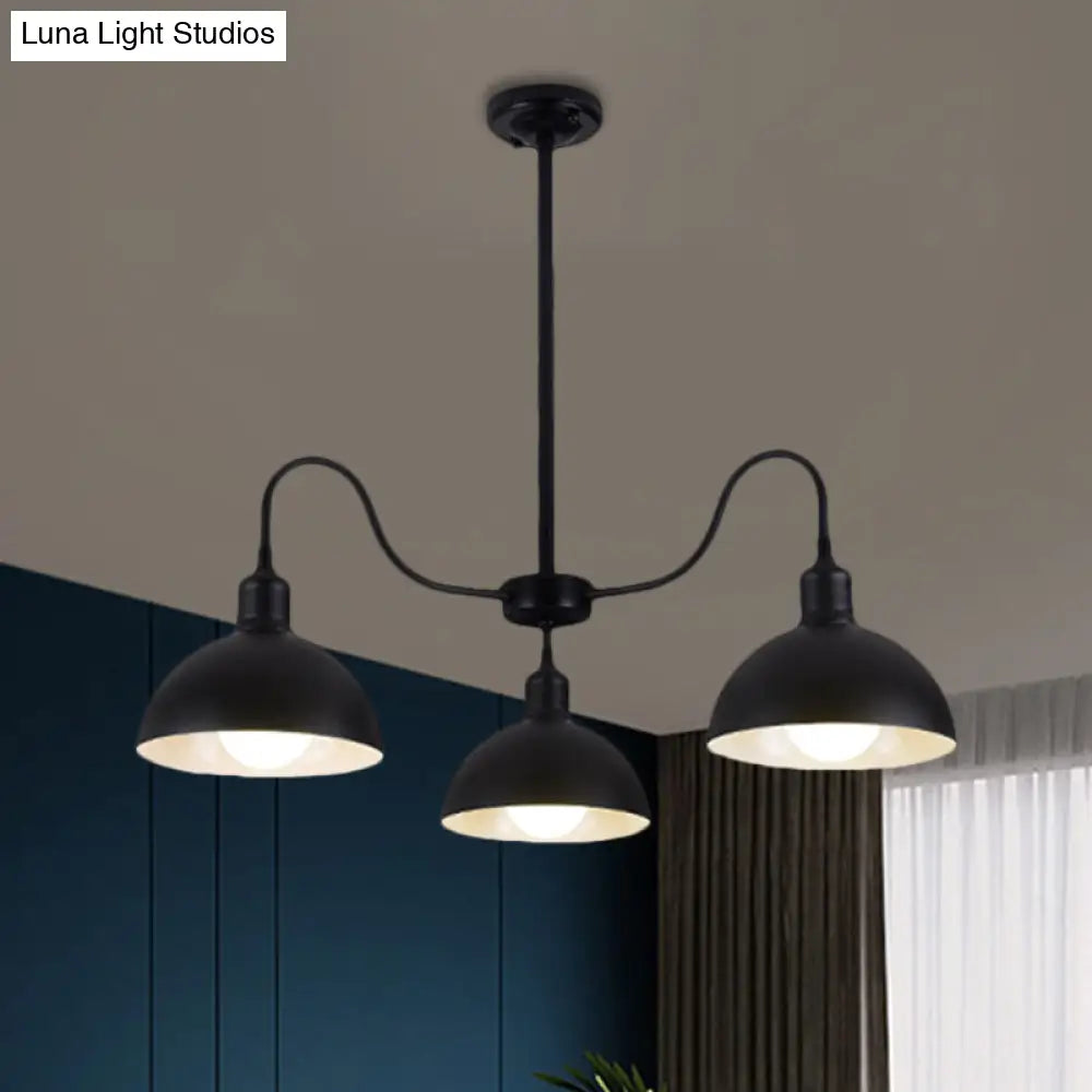 Black Finish 3-Head Chandelier Pendant With Retro Style Dome Shade - Ideal For Dining Room