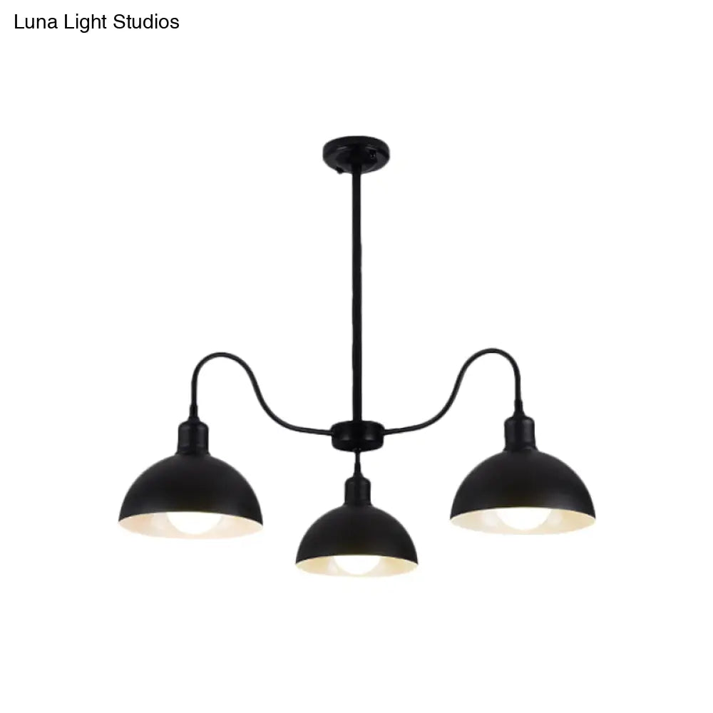 Black Finish 3-Head Chandelier Pendant With Retro Style Dome Shade - Ideal For Dining Room