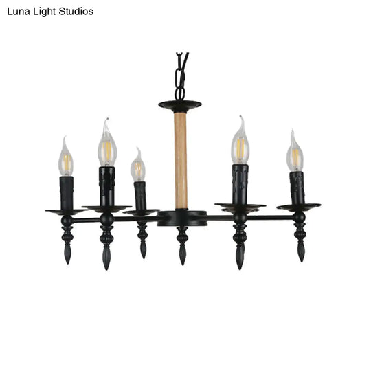 Vintage 6-Head Candle Chandelier Lamp Black Finish Metal & Wood Pendant Light For Restaurants