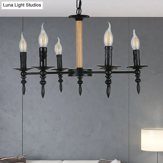 Vintage 6-Head Candle Chandelier Lamp Black Finish Metal & Wood Pendant Light For Restaurants