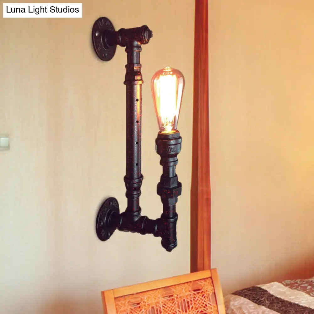 Black Finish Industrial Iron Wall Sconce Light Fixture - 1-Bulb Pencil Pipe Arm Lamp For Bar