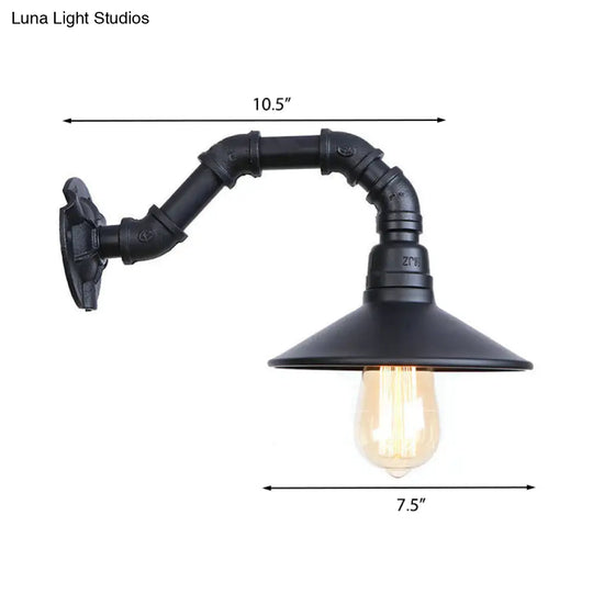 Black Finish Industrial Wall Light With Curved Pipe And Saucer Shade