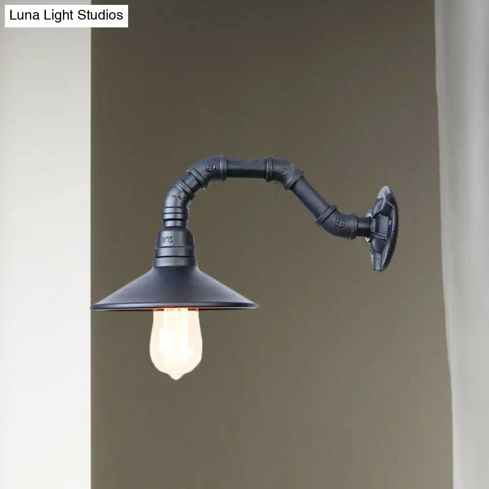 Black Finish Industrial Wall Light With Curved Pipe And Saucer Shade