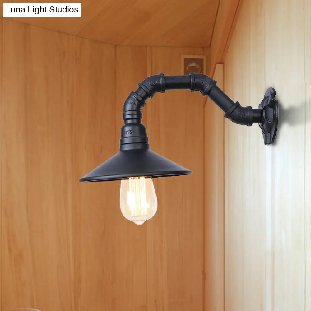 Black Finish Industrial Wall Light With Curved Pipe And Saucer Shade