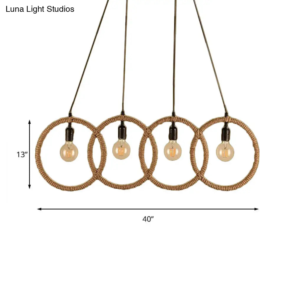 Manila Rope Lodge Style Black Finish 4-Ring Ceiling Pendant With 4 Lights For Coffee Shop