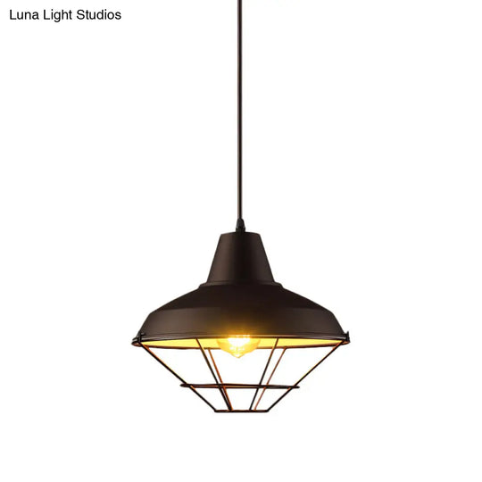 Black Finish Pendant Light With Wire Cage - Retro Style For Restaurant