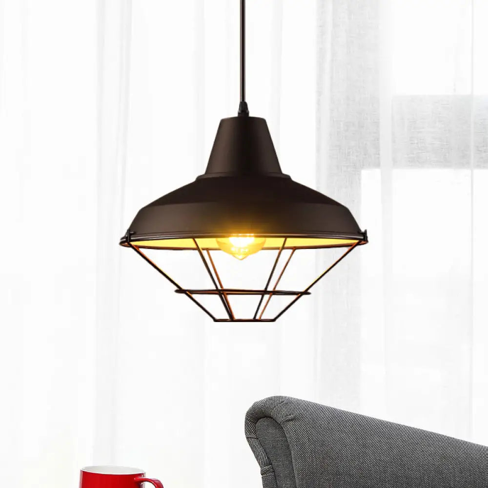 Black Finish Pendant Light With Wire Cage - Retro Style For Restaurant