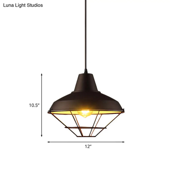 Black Finish Pendant Light With Wire Cage - Retro Style For Restaurant