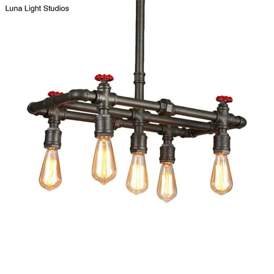 Black Finish Tubing Hanging Lamp: Antique Metal Dining Room Chandelier With Red Valve And 5-Bulb