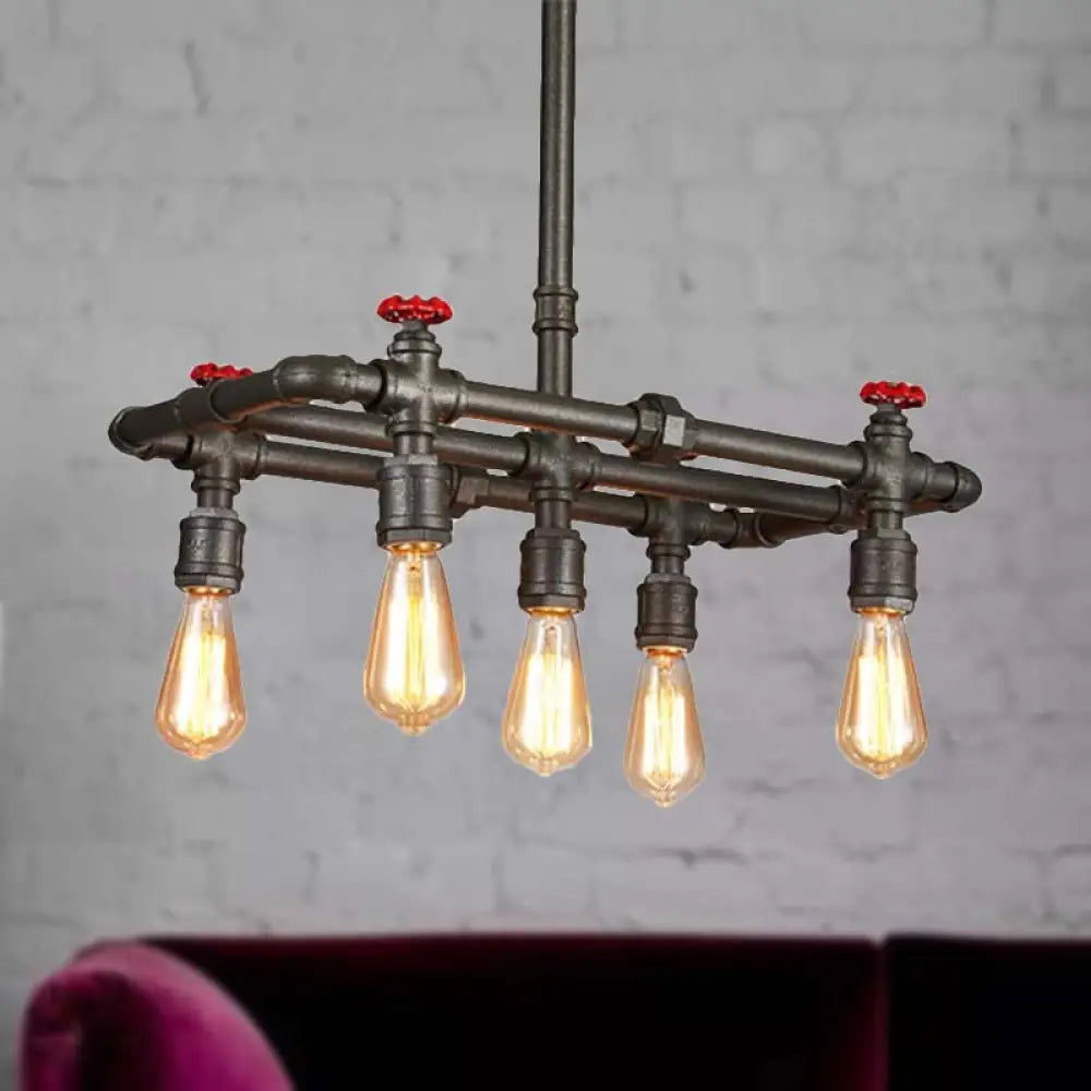 Black Finish Tubing Hanging Lamp: Antique Metal Dining Room Chandelier With Red Valve And 5-Bulb