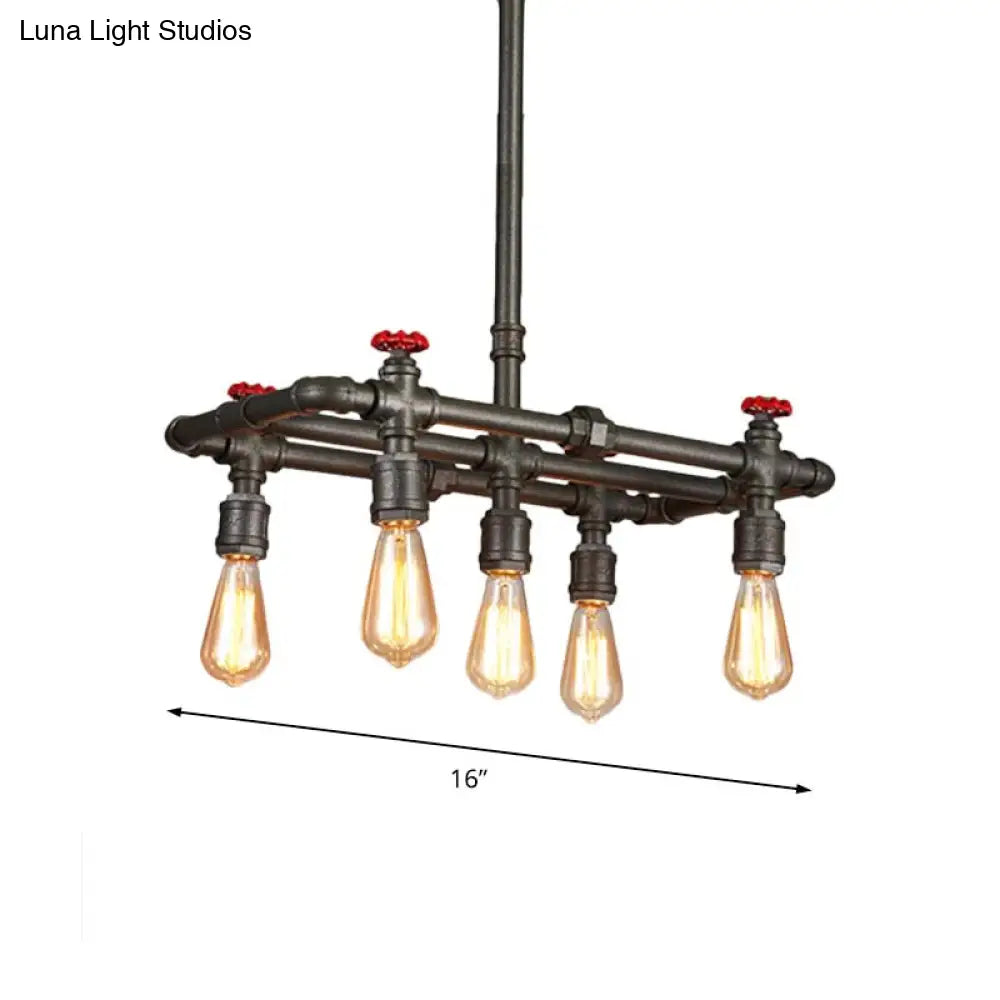 Black Finish Tubing Hanging Lamp: Antique Metal Dining Room Chandelier With Red Valve And 5-Bulb