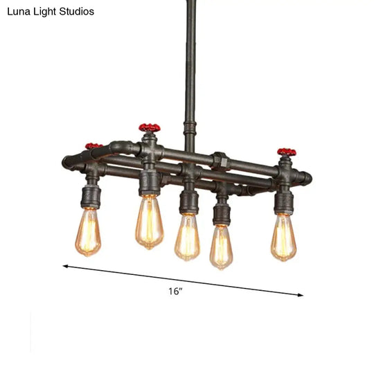 Black Finish Tubing Hanging Lamp: Antique Metal Dining Room Chandelier With Red Valve And 5-Bulb