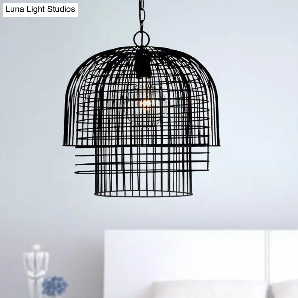 Black Finish Wrought Iron Pendant Lamp With Caged Head And Chain