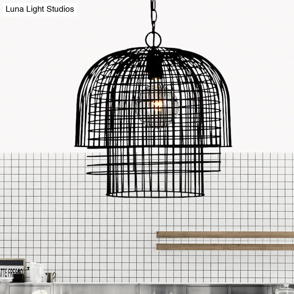 Black Industrial Caged Pendant Lamp - 1 Head Wrought Iron Ceiling Light + Chain