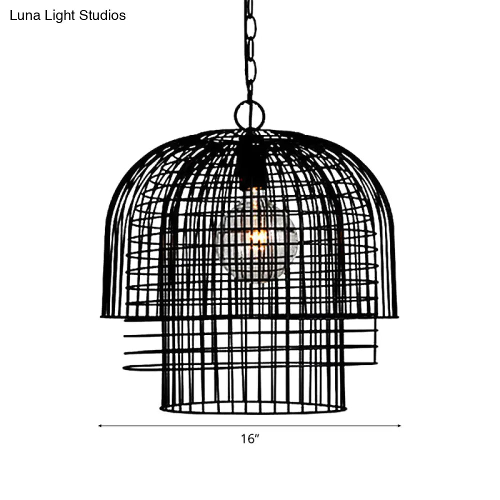 Black Finish Wrought Iron Pendant Lamp With Caged Head And Chain