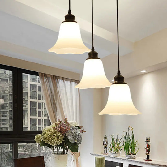 Black Flared Glass Cluster Pendant Ceiling Light With Frosted - 3 Lights For Living Room