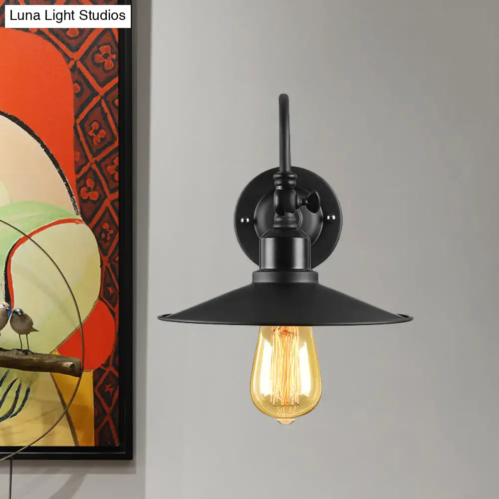 Black Flared Sconce Lighting With Gooseneck Arm - Loft Style Metal Wall Light For Dining Room (1