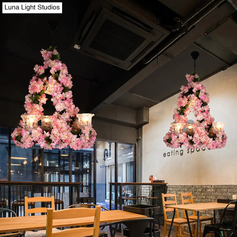 Black 3 Head Chandelier Pendant Lamp For Loft Restaurant With Floral Clear Glass Shade