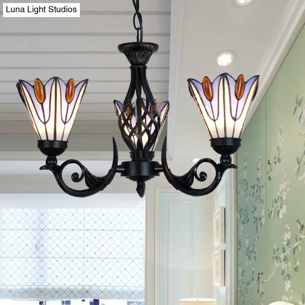 Stylish Stained Glass Tiffany Pendant Light With Metal Chain For Stairway - Floral Hanging Design In