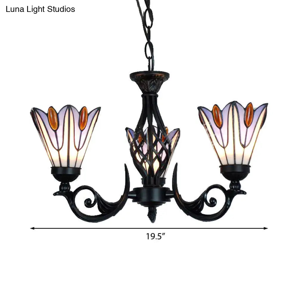 Stylish Stained Glass Tiffany Pendant Light With Metal Chain For Stairway - Floral Hanging Design In