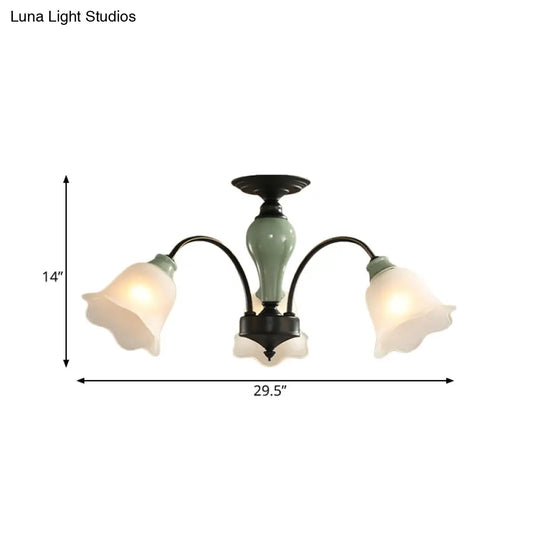 Black Flower Semi Flush Frosted Glass Ceiling Mount With Curved Arm - Countryside Style 3/6/8 Heads