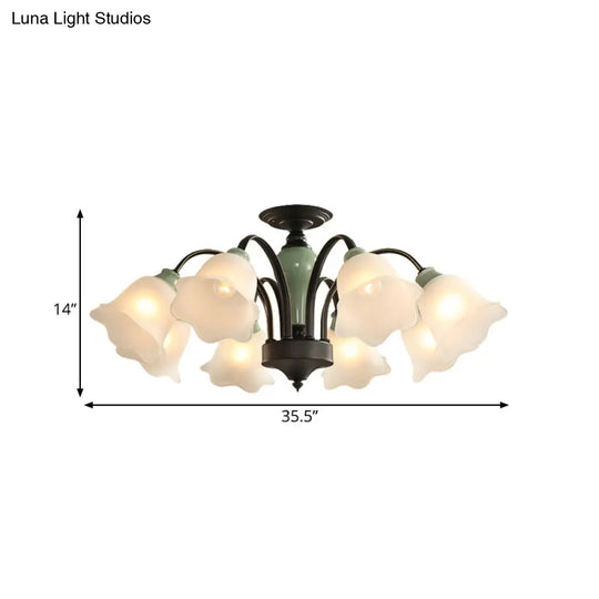 Black Flower Semi Flush Frosted Glass Ceiling Mount With Curved Arm - Countryside Style 3/6/8 Heads