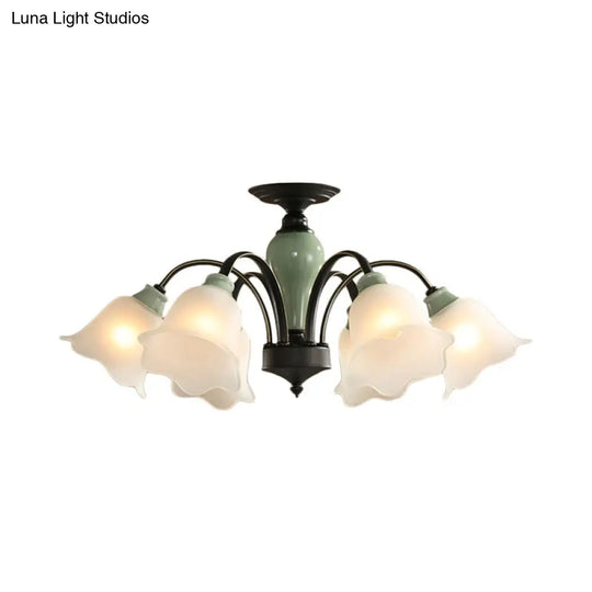 Black Flower Semi Flush Frosted Glass Ceiling Mount With Curved Arm - Countryside Style 3/6/8 Heads