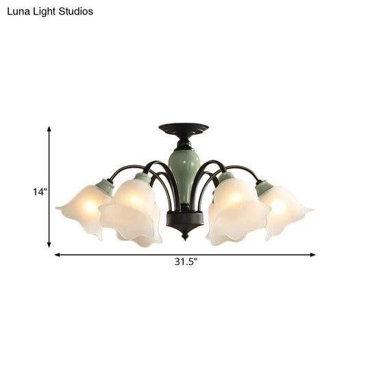 Black Flower Semi Flush Frosted Glass Ceiling Mount With Curved Arm - Countryside Style 3/6/8 Heads