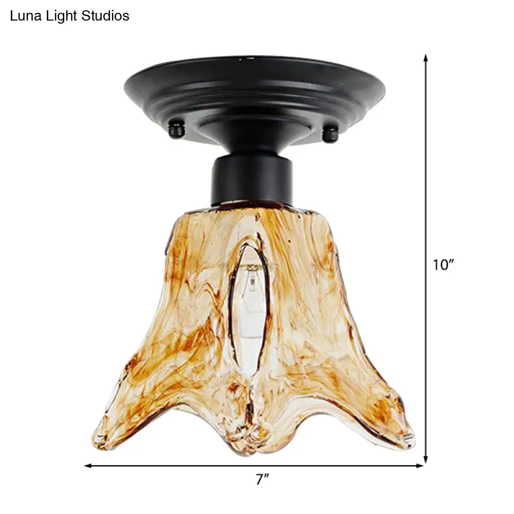 Black Flower Shaped Flush Mount Lamp With Classic Tan Textured Glass For Living Room Ceiling